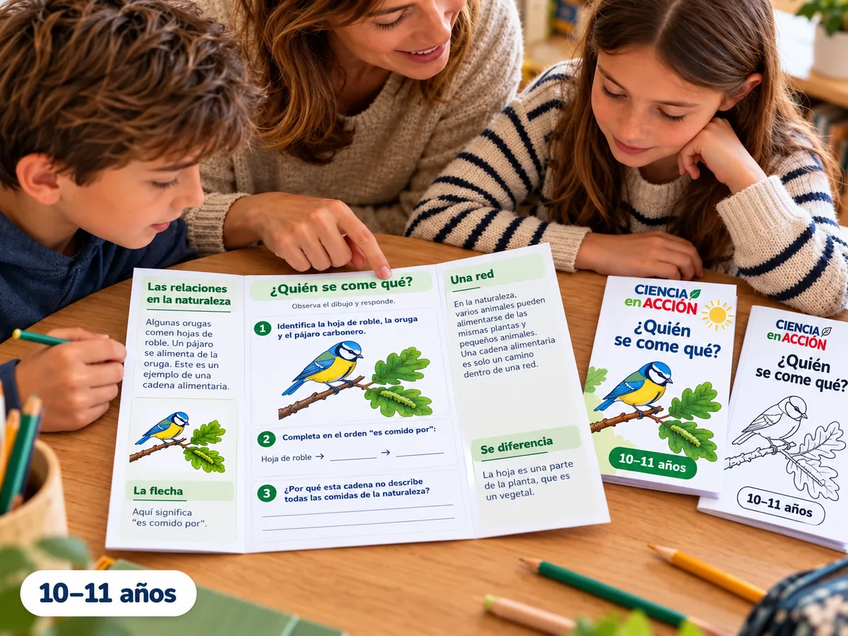 Escena ilustrativa: unos niños razonan sobre una cadena alimentaria.
