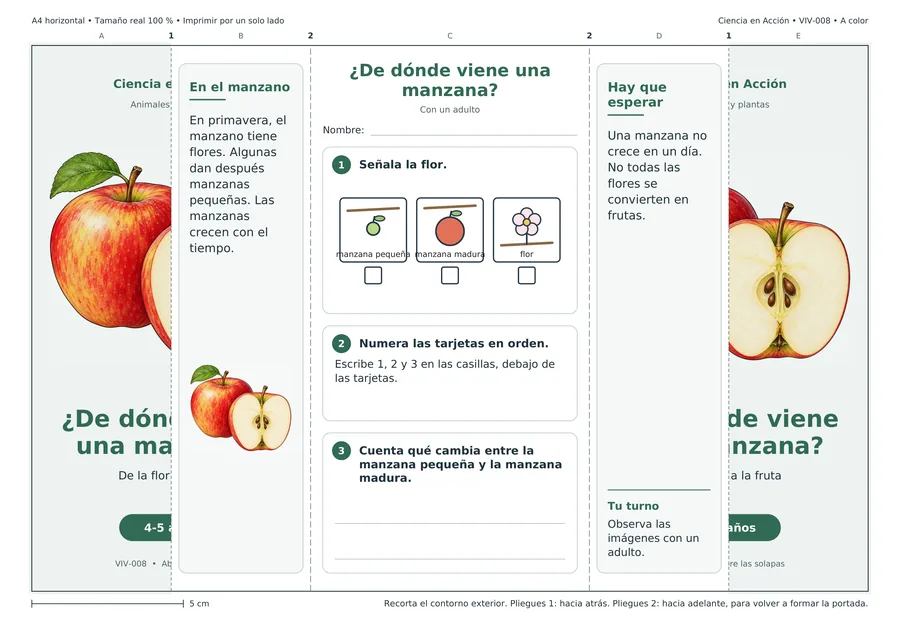 ¿De dónde viene una manzana?, ficha desplegada, a color.